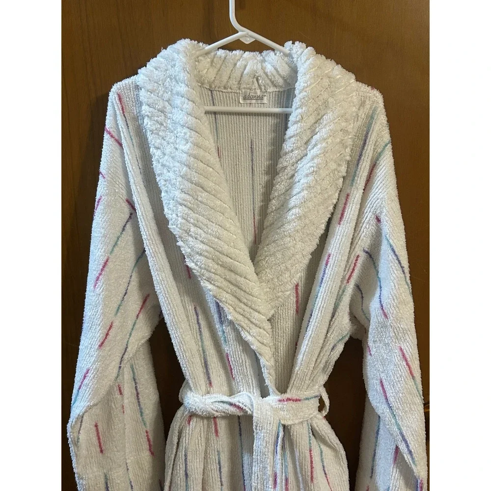 VTG Adonna Terry Cloth Robe L XL Oversized Long Pastel Stripe Bathrobe‎ 80s 90s